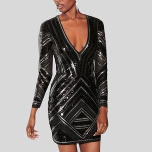 EXPRESS Women's Black & Silver Sequin Stretchy Mini Dress Deep V-Neck Size XS